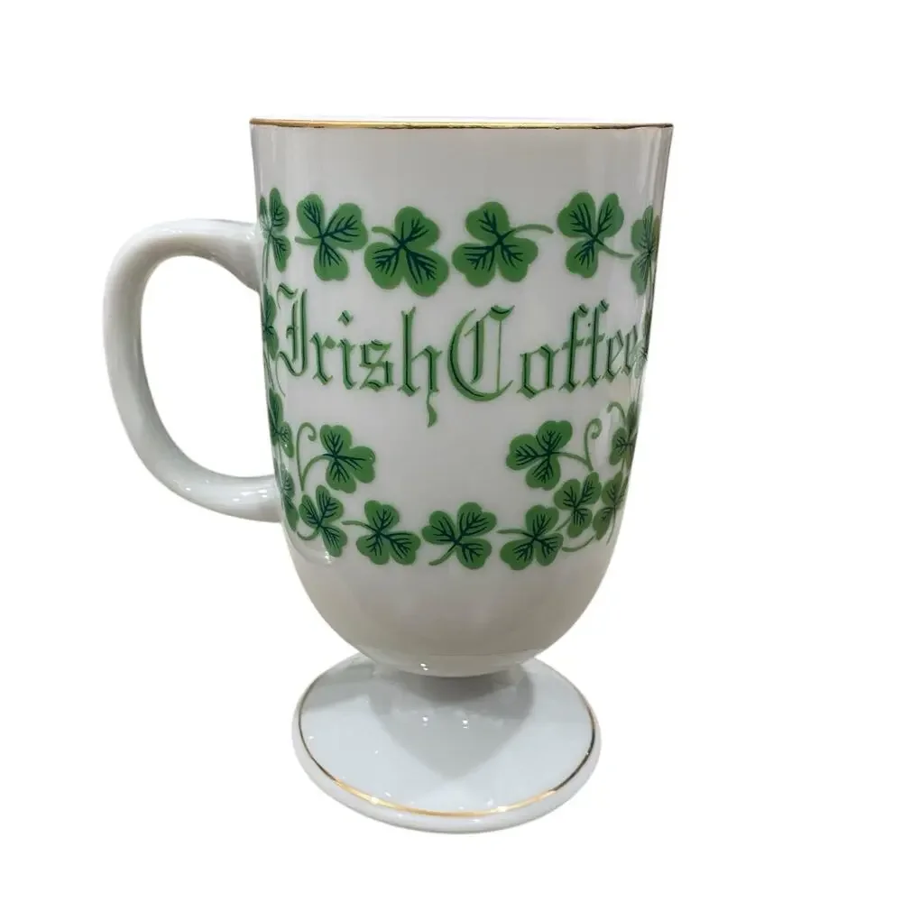 Funny 1970s Shamrock Irish Coffee Mug Lucky Clover White Porcelain Cup Gold Trim